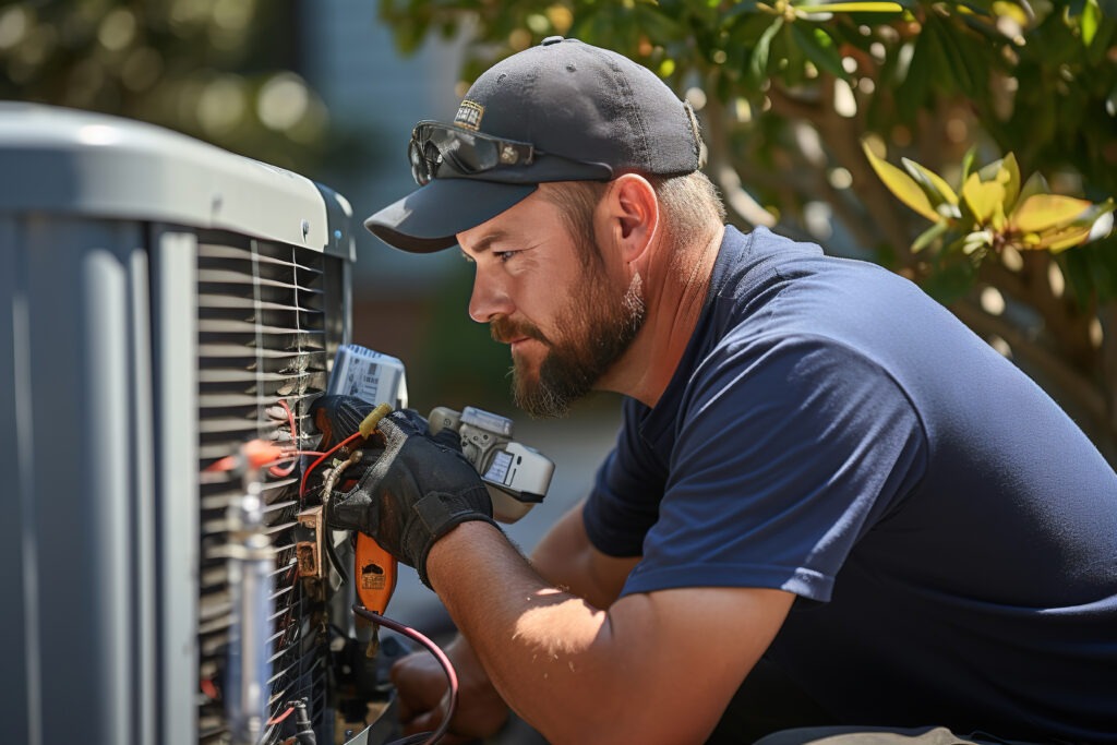 A technician working on a condenser outside